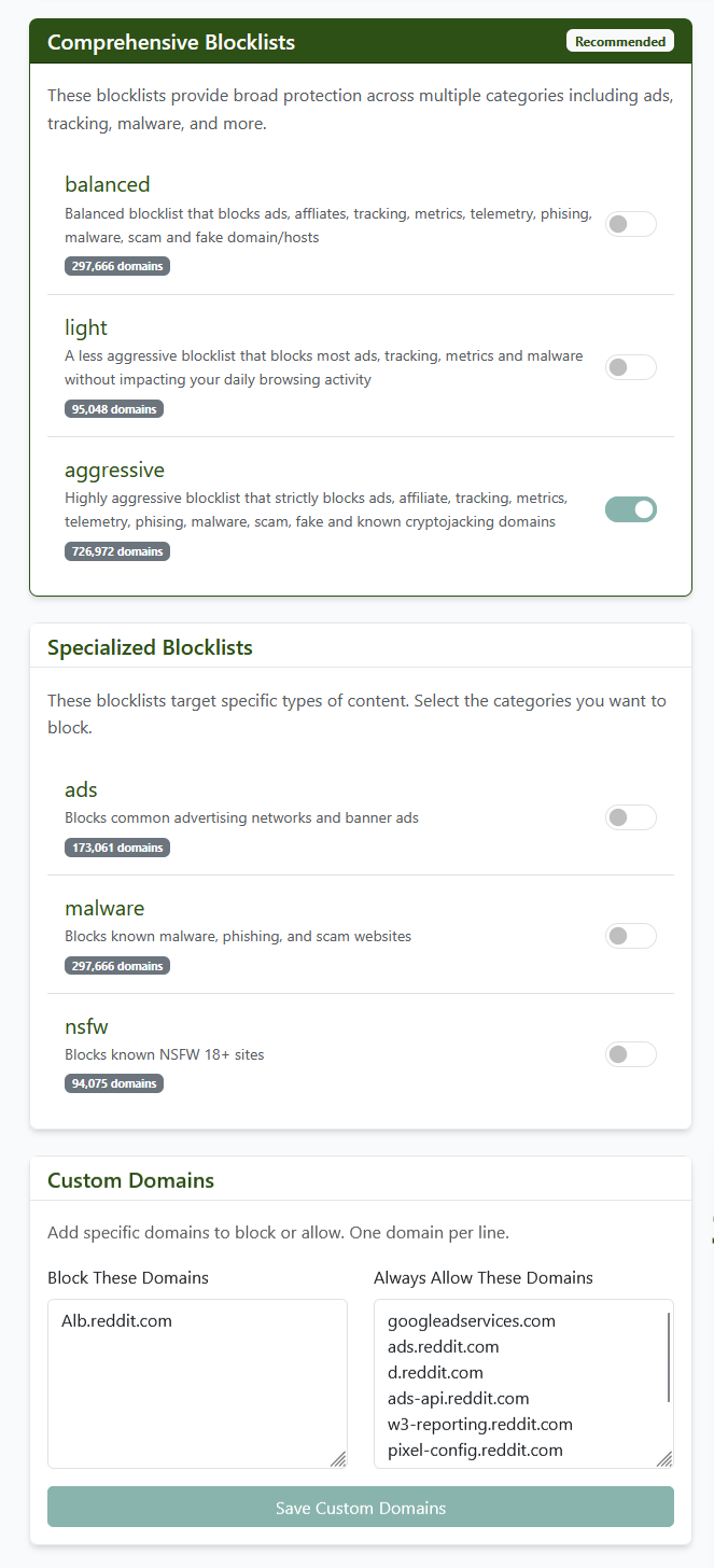 QuietNet Custom Blocklist Interface